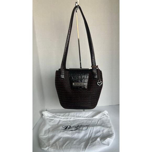 Vintage Brighton Black and Brown Leather Croc Embossed Weave Hand Shoulder Bag - Picture 1 of 11